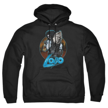 Black pullover hoodie with Lobo Justice League Gut Rot graphic