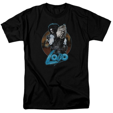 Black men's regular fit t-shirt with Lobo Justice League Gut Rot graphic
