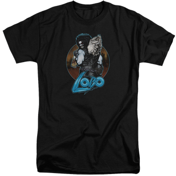 Black men's tall fit t-shirt with Lobo Justice League Gut Rot graphic