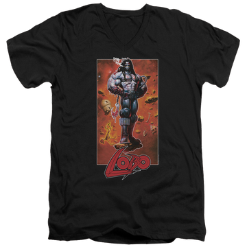 Black men's v-neck t-shirt with Justice League Lobo Pose graphic