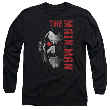 Black men's long sleeve t-shirt with Lobo Justice League Main Man graphic