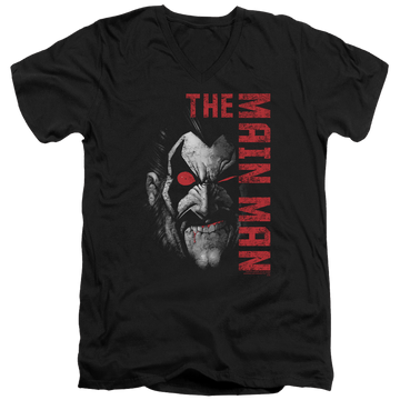 Black men's v-neck t-shirt with Lobo Justice League Main Man graphic