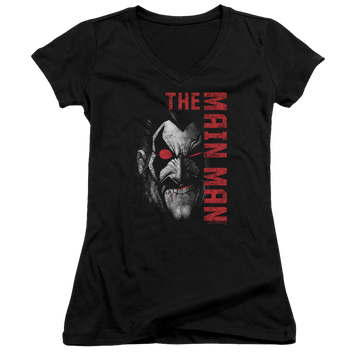 Black juniors v-neck t-shirt with Lobo Justice League Main Man graphic