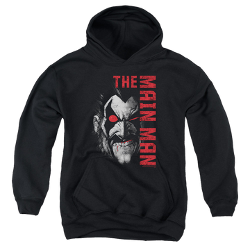 Black youth hoodie for ages 8 to 12 with Lobo Main Man graphic