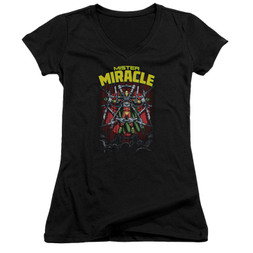 Black juniors v-neck t-shirt with DC Comics Justice League Mister Miracle graphic