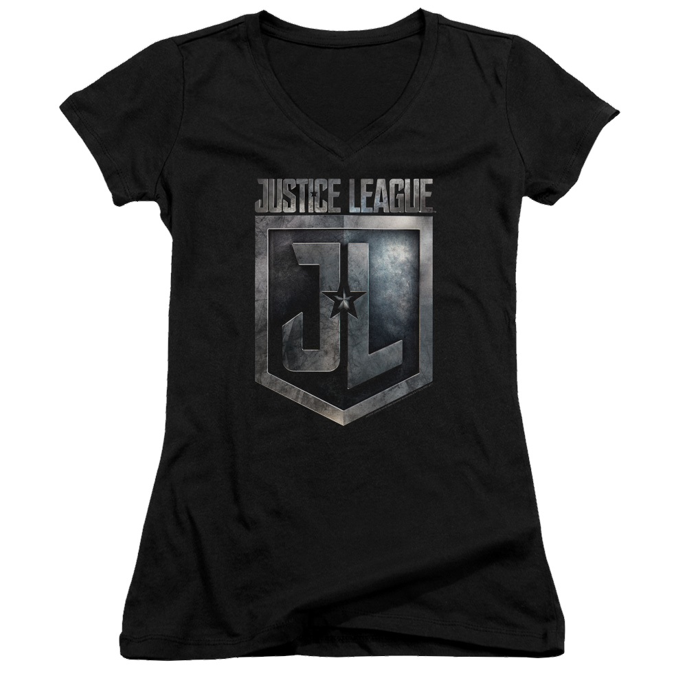 Justice League Shield Logo Juniors V-Neck T-Shirt Juniors V-Neck T-Shirt Justice League