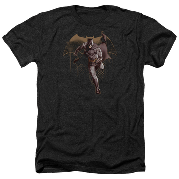 Charcoal men's heather t-shirt with Justice League Caped Crusader graphic