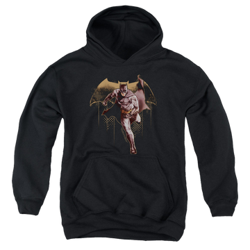 Black youth hoodie for ages 8 to 12 with Justice League Movie Caped Crusader graphic