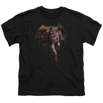 Black youth t-shirt for ages 8 to 12 with Justice League Movie Caped Crusader graphic