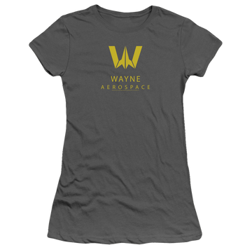 Charcoal juniors t-shirt with Justice League Wayne Aerospace graphic