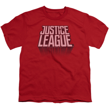 Red youth t-shirt for ages 8 to 12 with Justice League Movie League Distressed graphic