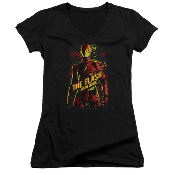 Black juniors v-neck t-shirt with Justice League The Flash graphic