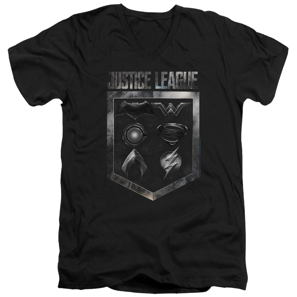 Justice League Shield Of Emblems Men's V-Neck T-Shirt Men's V-Neck T-Shirt Justice League