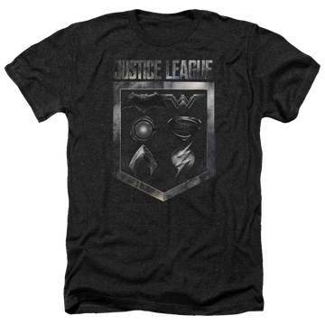 Charcoal men's heather t-shirt with Justice League Shield Of Emblems graphic