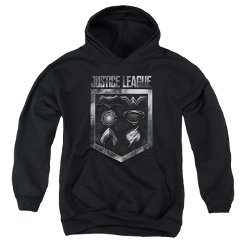 Black youth hoodie for ages 8 to 12 with Justice League Movie Shield Of Emblems graphic