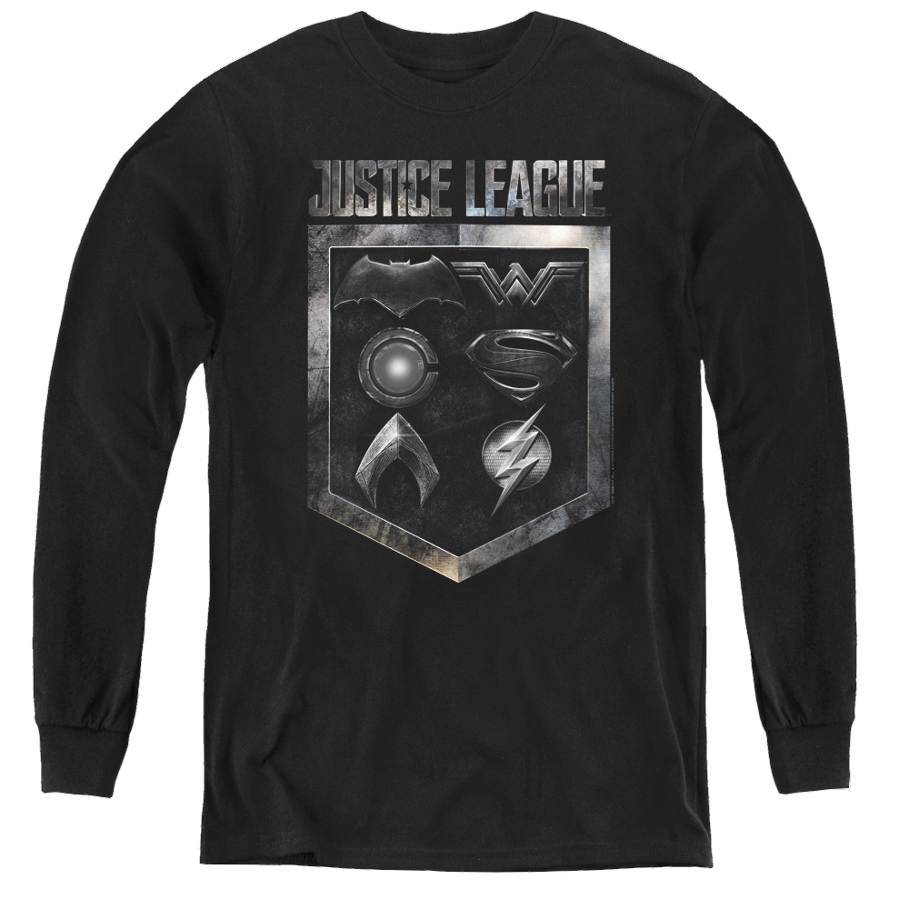 Justice League Movie Shield Of Emblems - Youth Long Sleeve T-Shirt Youth Long Sleeve T-Shirt Justice League