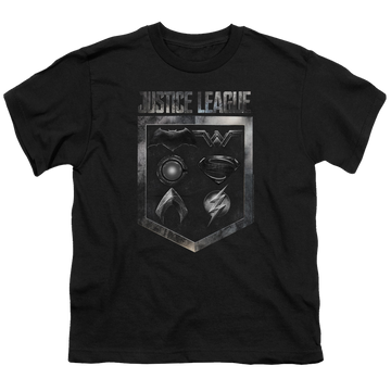 Black youth t-shirt for ages 8 to 12 with Justice League Movie Shield Of Emblems graphic