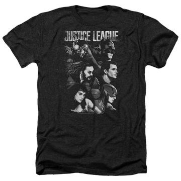 Charcoal men's heather t-shirt with Justice League Pushing Forward graphic