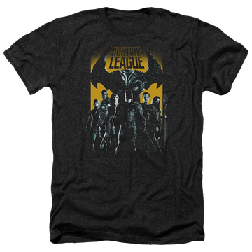 Charcoal men's heather t-shirt with Justice League Stand Up To Evil graphic