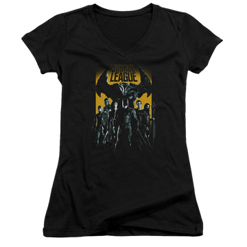 Black juniors v-neck t-shirt with Justice League Stand Up To Evil graphic