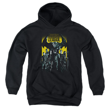 Black youth hoodie for ages 8 to 12 with Justice League Movie Stand Up To Evil graphic
