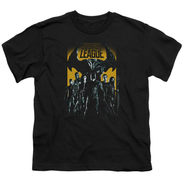 Black youth t-shirt for ages 8 to 12 with Justice League Movie Stand Up To Evil graphic