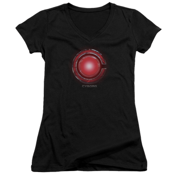 Black juniors v-neck t-shirt with Justice League Cyborg Logo graphic