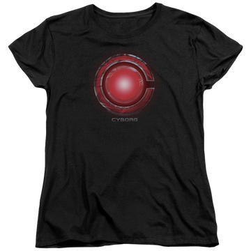 Black women's t-shirt with Justice League Cyborg Logo graphic