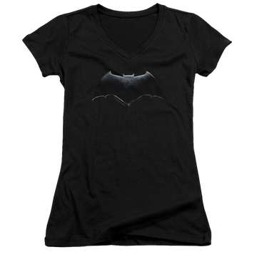 Black juniors v-neck t-shirt with Justice League Batman Logo graphic