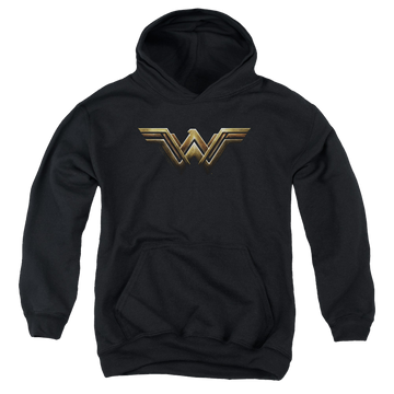 Black youth hoodie for ages 8 to 12 with Justice League Movie Wonder Woman Logo graphic