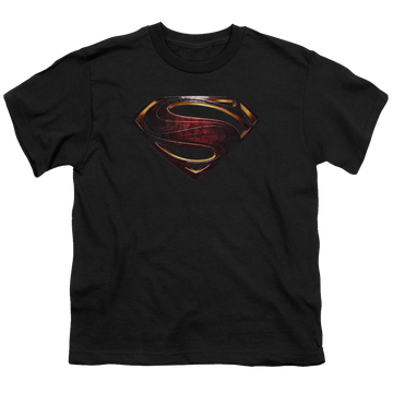 Black youth t-shirt for ages 8 to 12 with Justice League Movie Superman Logo graphic