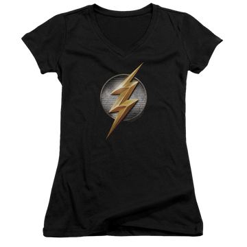 Black juniors v-neck t-shirt with Justice League Flash Logo graphic