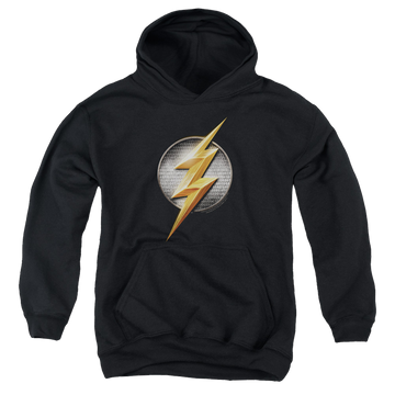 Black youth hoodie for ages 8 to 12 with Justice League Movie Flash Logo graphic