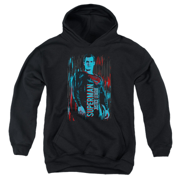 Black youth hoodie for ages 8 to 12 with Justice League Movie Superman graphic