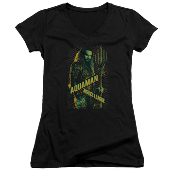 Black juniors v-neck t-shirt with Justice League Aquaman graphic