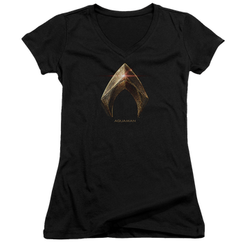 Black juniors v-neck t-shirt with Justice League Aquaman Logo graphic