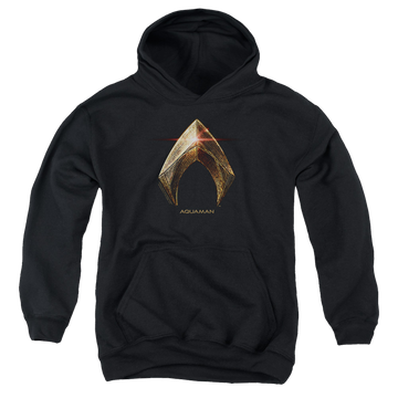 Black youth hoodie for ages 8 to 12 with Justice League Movie Aquaman Logo graphic