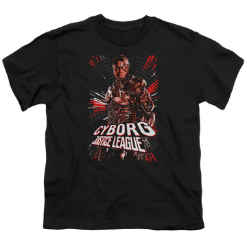 Black youth t-shirt for ages 8 to 12 with Justice League Movie Cyborg graphic