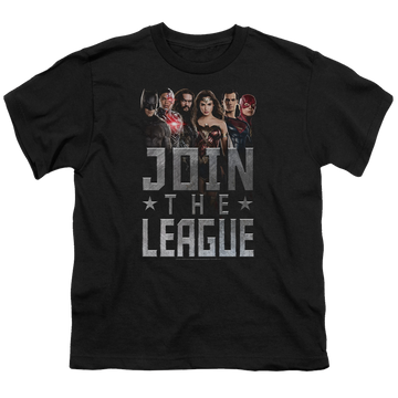 Black youth t-shirt for ages 8 to 12 with Justice League Movie Join The League graphic