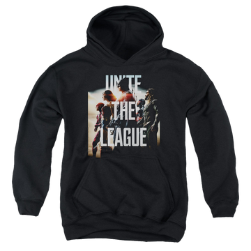 Black youth hoodie for ages 8 to 12 with Justice League Movie Dawn graphic