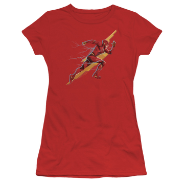 Red juniors t-shirt with Justice League Flash Forward graphic