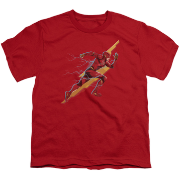 Red youth t-shirt for ages 8 to 12 with Justice League Movie Flash Forward graphic