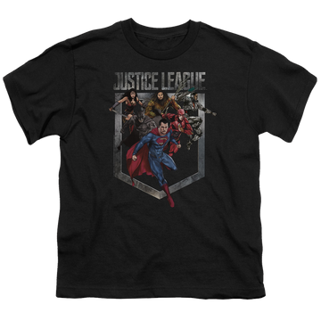 Black youth t-shirt for ages 8 to 12 with Justice League Movie Charge graphic