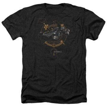 Charcoal men's heather t-shirt with Justice League Batmobile graphic