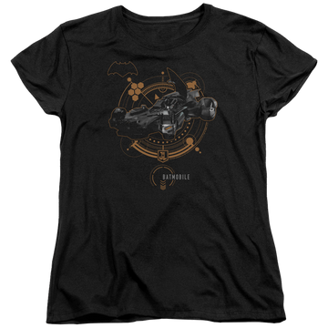 Black women's t-shirt with Justice League Batmobile graphic
