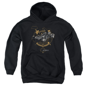 Black youth hoodie for ages 8 to 12 with Justice League Movie Batmobile graphic