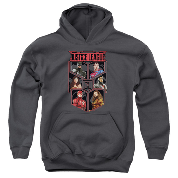 Charcoal youth hoodie for ages 8 to 12 with Justice League Movie League Of Six graphic