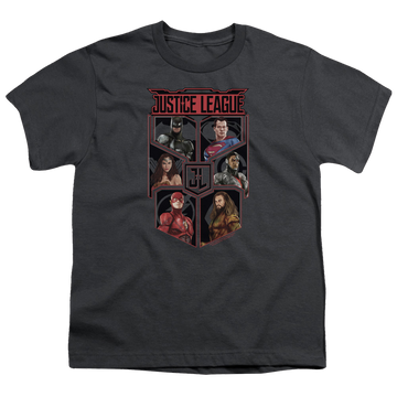 Charcoal youth t-shirt for ages 8 to 12 with Justice League Movie League Of Six graphic