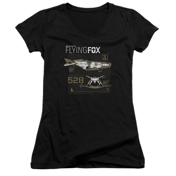 Black juniors v-neck t-shirt with Justice League Flying Fox graphic