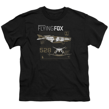 Black youth t-shirt for ages 8 to 12 with Justice League Movie Flying Fox graphic